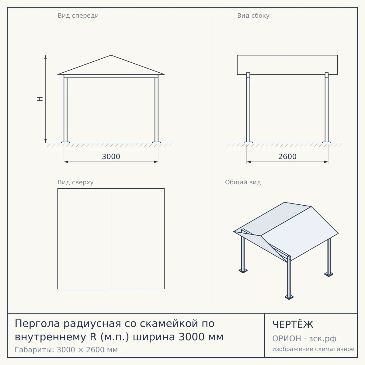 Пергола радиусная со скамейкой по внутреннему R (м.п.) ширина 3000 мм — чертёж